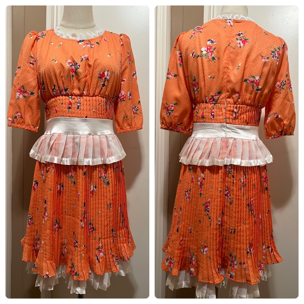 VALERIE TOLOSA FLORAL PLEATED ORANGE DRESS, SZ 1.